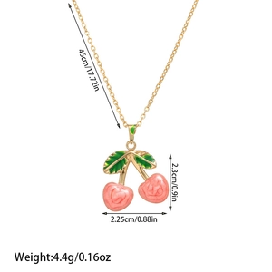 Pink cherry pendant necklace in gold stainless steel with detailed size dimensions