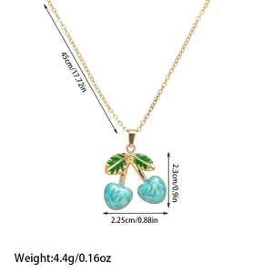Detailed view of cherry pendant necklace with rose patterns and size measurements