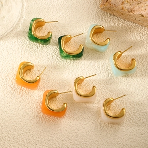 U-shaped gold metal and colorful resin hoop earrings in green blue orange and white