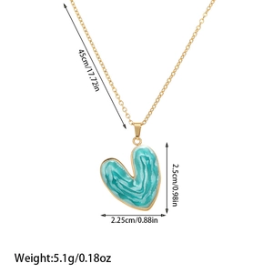 Detailed dimensions of heart pendant necklace with gold chain and blue textures