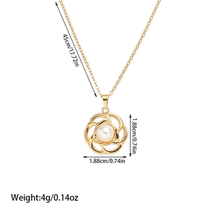 Close-up of golden hollow petal pendant with white pearl and 45cm fine chain