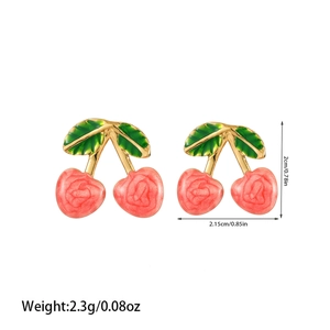 Detailed size view of pink cherry earrings with dimensions 2cm by 2.15cm and weight info