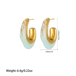 Detail view of U-shaped earrings showing dimensions 1.31in height and blue marble resin