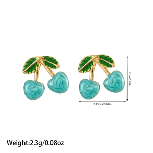 Detailed size view of gold cherry earrings with blue roses and green enamel leaves