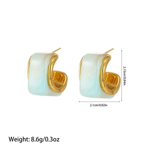 Detailed size view of U-shaped gold earrings with blue marble resin inlay and dimensions