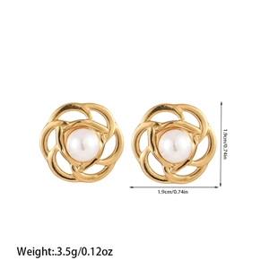 Close-up of golden spiral flower stud earrings with pearl center and dimensions