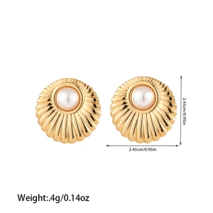 Detailed view of golden radial earrings with white faux pearl centers and dimensions