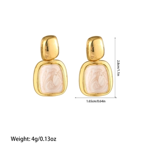 Detailed dimension view of U-shaped gold earrings with marble inlay and measurements