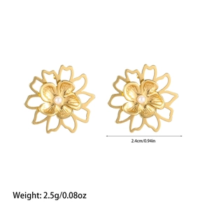Detail showing dimensions of golden flower earrings with white pearl center