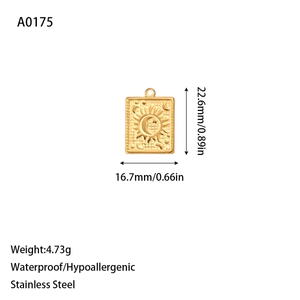 Golden stainless steel square pendant featuring vintage sun and moon embossed design
