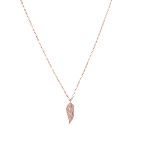 Rose gold titanium steel leaf pendant necklace with micro-pave crystals on white background