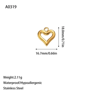 Golden hollow heart pendant in stainless steel, waterproof and allergy-free DIY accessory
