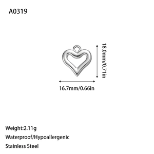 Polished silver heart pendant in stainless steel with 18mm height and 16.7mm width