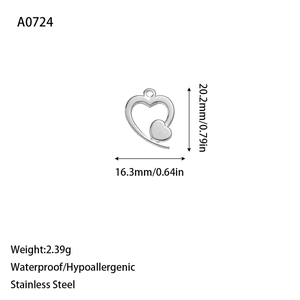 Polished stainless steel double heart hollow pendant with 20.2mm x 16.3mm dimensions