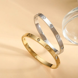 Bracciali ovali in acciaio inossidabile con motivi a quadrifoglio e strass in oro e argento