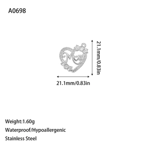 Silver stainless steel heart charm with Mom engraving for jewelry making, 21.1mm size