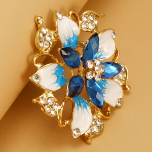 Luxury Stainless Steel 18K Gold Plated Enamel Flower Brooch With Blue Rhinestone For Wedding Banquet Women Jewelry Gift