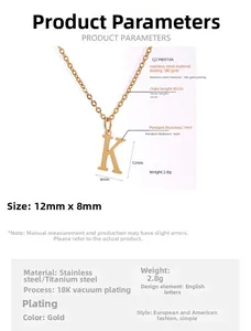 Detailed dimensions of 18K gold plated stainless steel letter K pendant necklace