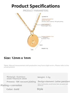 Detailed size specifications for the golden stainless steel necklace with 12mm letter A pendant