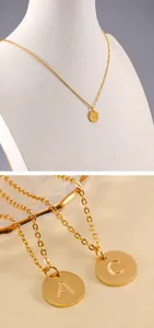 Detail of round 18K gold plated stainless steel letter pendant with O-chain