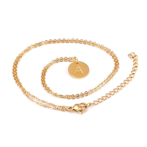 Close-up of 18K gold-plated stainless steel necklace with round letter A pendant