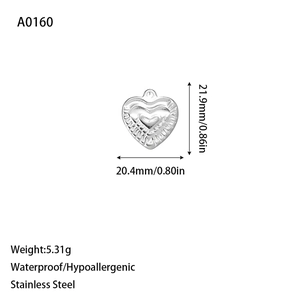 Silver stainless steel heart pendant with wavy texture, waterproof and hypoallergenic