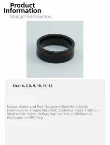 Detailed macro view of black tungsten ring with red wood grain inlay and polished steel edges
