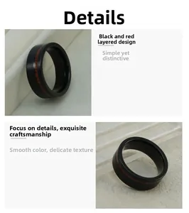 Close-up of black tungsten ring featuring red wood inlay and polished layered finish