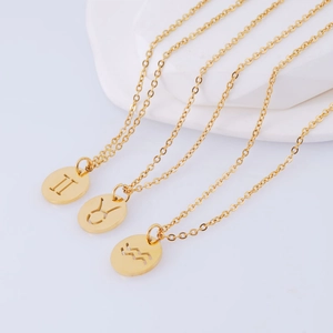 Three gold-plated zodiac necklaces with hollow round pendants on a minimalist white background