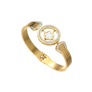 Elegant gold titanium steel clover bangle with white shell inlay and sparkling crystals
