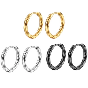 Detailed view of twisted round hoop earrings in silver, gold, and black stainless steel