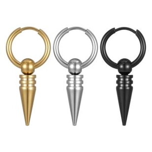Detailed macro view of gold, silver, and black stainless steel cone dangle hoop earrings
