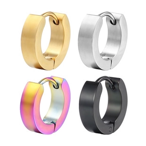 Detail view of wide stainless steel hinged earrings in gold, silver, black and blue finishes
