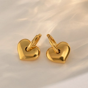 Polished gold puffed heart hoop earrings for women in minimalist stainless steel style