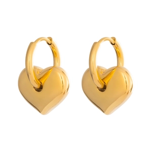 Elegant 3D heart-shaped gold hoop earrings for women made of polished stainless steel