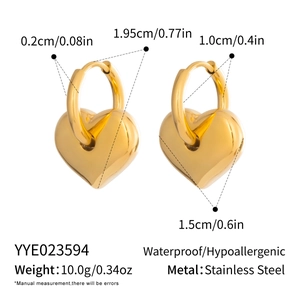Detailed specs of waterproof stainless steel gold heart earrings with weight 10g