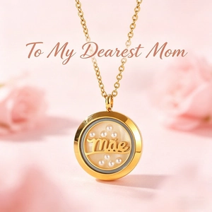 Detailed close-up of a gold circular locket necklace with pearls for Mother's Day