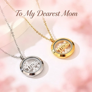 Detailed view of gold and silver circular name pendants with pearls for Mom