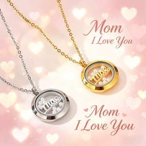 Close-up of gold and silver round locket pendants with Mom text and small pearls