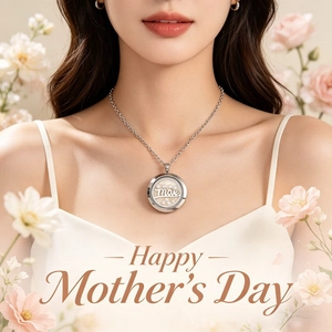 Close-up view of a stainless steel round locket necklace, a perfect Mother's Day gift.