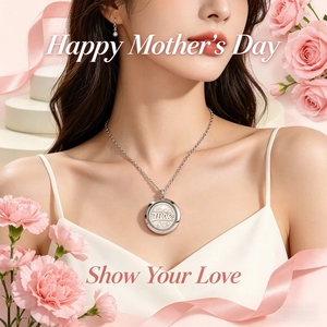 Detail of stainless steel round pendant necklace with Mae letter for Mother's Day