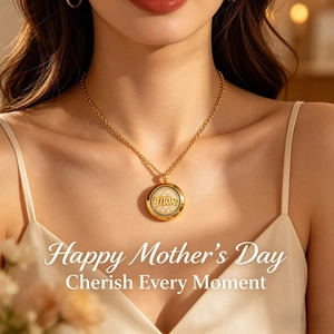 Elegant gold stainless steel round locket necklace with Mother's Day message on a model
