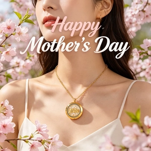 Gold stainless steel Mãe necklace detail with cherry blossom background for Mother's Day