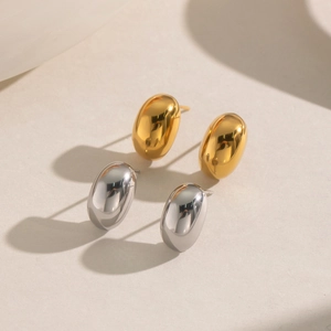 Polished titanium steel bean stud earrings in gold and silver finish for women