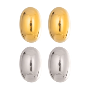 Luxe high-polish gold and silver oval titanium steel stud earrings set on white background