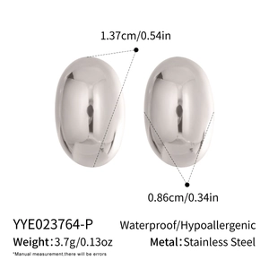 Detail view of oval silver earrings showing size dimensions and stainless steel material