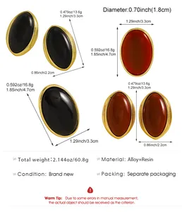 Detailed size chart for retro resin oval geometric stud earrings with measurements English.