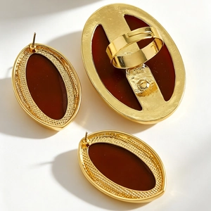 Detailed back view of vintage gold-toned oval jewelry set featuring resin ring and earrings