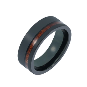 Men's black matte tungsten ring with red-brown wood grain inlay and polished beveled edges