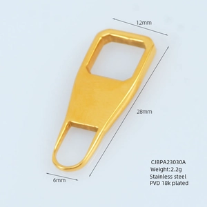 Détail du tirette de fermeture en acier inoxydable plaqué or 18 carats avec dimensions